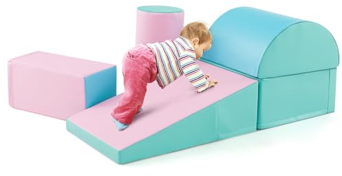 COSTWAY 5 TLG. Schaumstoffbausteine, Riesenbausteine zum Toben und Klettern, Softbausteine aus Schaumstoff, Großbausteine Mehrfarbig, Bauklötze für Babys und Kleinkinder (Grün + Rosa)