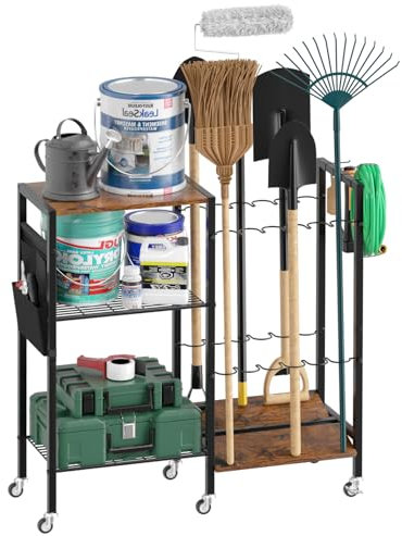 SHINOSKE Garden Tool Organizer with 3-Tier Shelves,Garden Tool Storage Rack with Wheels,Yard Tool Rack for Garage Organization and Storage,Hold Long-Handled Tool,Broom,Rake,3Hooks,Shed,Outdoor