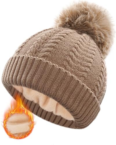 FORVEVO Mütze Damen Winter,Warme Wintermütze mit Fleece Futter,Thermo Beanie Mädchen,Bommelmütze Abnehmbarem Pom Pom für Outdoor Skifahren(Khaki)