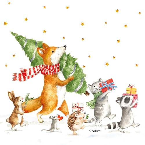 20 Servietten Weihnachten Tiere auf Weihnachtswanderung als Tischdeko. Papierservietten mit Motiv. Auch für Decoupage und Serviettentechnik 33x33cm