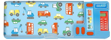 RINCS Essentials Estuche para niños – Incluye calculadora, sacapuntas, horario de clase y calcomanías, 2 compartimentos grandes con botón pulsador | Caja de papelería multifuncional, multicolor