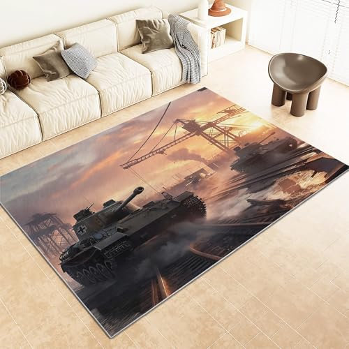 Srigzcaly Kurzflor Rechteck Teppich Wohnzimmer 120x180cm Panzer Sonnenuntergang Waschbarer Teppich für Mädchen Junge Schlafzimmer, Mehrfarbig Kinderzimmer Flauschig rutschfest Teppiche