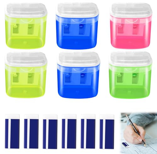 YIZWINS Anspitzer mit Behälter, 6 PCS Bunter Spitzer mit Dose und 6 Weißen Kunststoff-Radiergummis, Spitzer und Radiergummi für Kinder, Studenten, Schule, Zuhause, Anspitzer Dicke und Dünne Stifte
