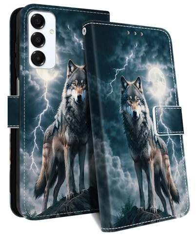 HopMore Handyhülle für Samsung Galaxy A16 4G / 5G Hülle, PU Leder Klapphülle Kartenfach Standfunktion Schutzhülle Stoßfeste Tasche Wallet Flip Case mit Muster Handytasche für Samsung A16, Wolf A