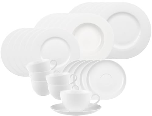 Villeroy & Boch Anmut Kombiservice 30-teilig | Speise-, Suppen-, Dessertteller und Kaffeetassen mit Untertassen für 6 Personen, Geschirr-Set in klassischem Design, Premium Bone Porcelain, Weiß