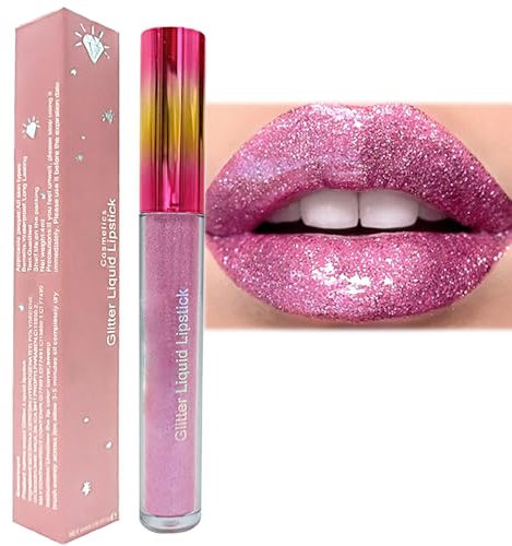Long-Lasting Pink Glitter Lip Gloss with Diamond Shimmer for Women & Girls - Non-Stick Cup, Pale Light Pink Shade - Sparkly Lipstick for Makeup Looks