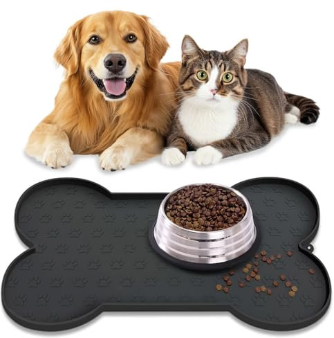Waterproof Pet Feeding Mat, Dog Cat Food Mats Anti-Slip Silicone Dog Bowl Mat, Raised Edge to Contain Spills Protects Floors, Placemats for Pet Water Bowl, Dishwasher Safe (49.5 X 25.5 cm, Black)