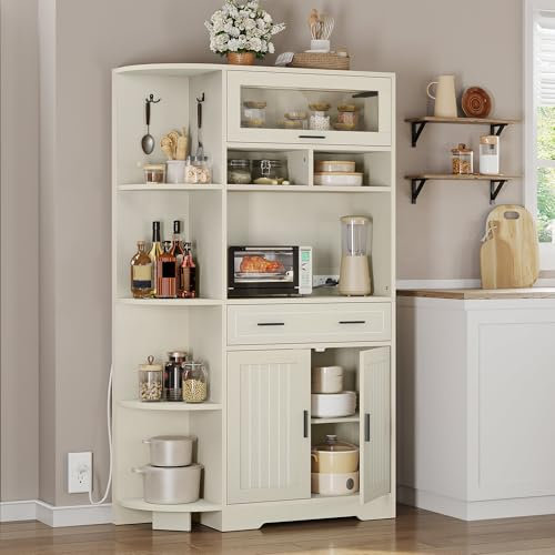 DWVO Kitchen Pantry Cabinet with Drawer, 67 Farmhouse Baker Rack with Power Outlets, Buffet Sideboard w/Microwave Stand, Cupboard Hutch Storage Cabinet for Kitchen, Living Room, Dining Room (White)
