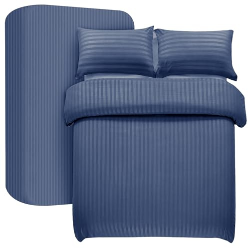 My home store Bettwäsche-Set für Super-King-Size-Betten, 4-teilig, Satin, gestreift, weich gebürstete Mikrofaser, Bettwäsche-Set mit Spannbetttuch 30 cm tief und 2 Kissenbezügen, Marineblau
