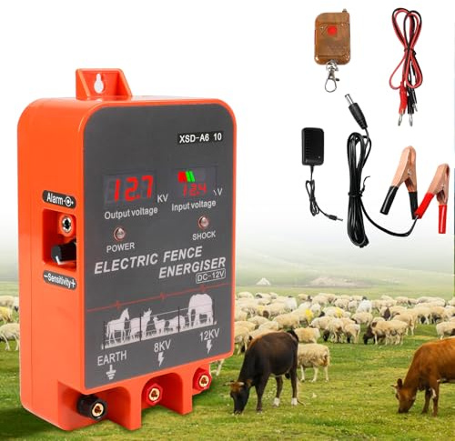 Electric Fence Energiser 3.5 Joules Input 12V Output 8 KV or 12KV High Voltage Pulse Controller for Livestock, Large Animals, 3 Ways Power Supply, 10Km Range, with Remote Control (Without Alarm)