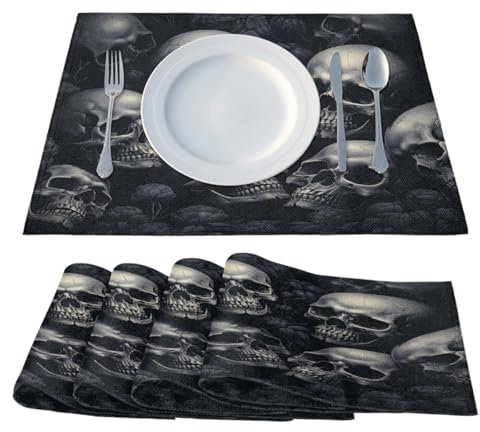 Mexpekil Tischsets aus Leinen, 4 Stück, Totenkopf-Design, hitzebeständig, waschbar, Tischdekorationen für drinnen und draußen, 46 x 31 cm