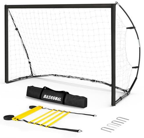 BaseGoal Hochwertiges Fußballtor Große[182x120cm] für Jugendliche | Fussballtor Transportabel mit Koordinationsleiter, Ideal für Garten, Training & Verein, Robuste Glasfaser-Stahl Konstruktion