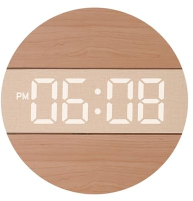 Lancoon Elektronische Wanduhr mit Automatisch Dimmen Stille LED Großanzeige Holz Rund 12/24 Stunden Schalter Hängend Plug-in für Zuhause Wohnzimmer Büro