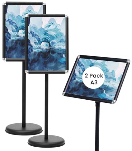 GIANTEX Porte Affiche sur Pied, Lot de 2 Présentoir sur Pied A3 en Aluminium, Panneaux d’Affichage Rotation à 360°, Hauteur Réglable 89,5-134CM, Présentoir Mariage Hall d'Entrée Bureau (Noir, 2)