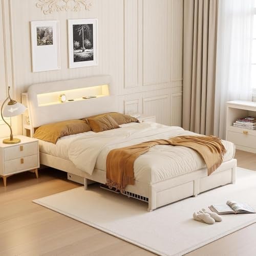 OLIVIBED Polsterbett 140x200cm, Doppelbettrahmen mit Stauraum und Schubladen, Hydraulisch Jugendbett Bettgestell für Erwachsene und Jugendliche, PU, Ohne Matratze, Weiß