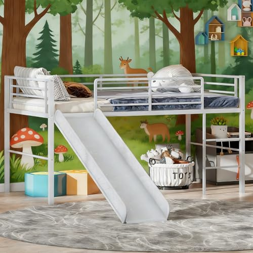 Maxmass Kids Single Loft Bed, Children Mid Sleeper Bunk Bed with Slide, Ladder and Guardrails, Metal Bed Frame for Teens, Girls or Boys (Silver)