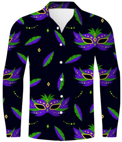 Herren Karneval Mardi Gras Masken Hemd Bunte Langarm Hemden Festival Outfit Button Down Regular Fit Freizeitshemd Männer Mardi Gras Shirt Oberteil Lustige Herrenhemd Faschingskostüm