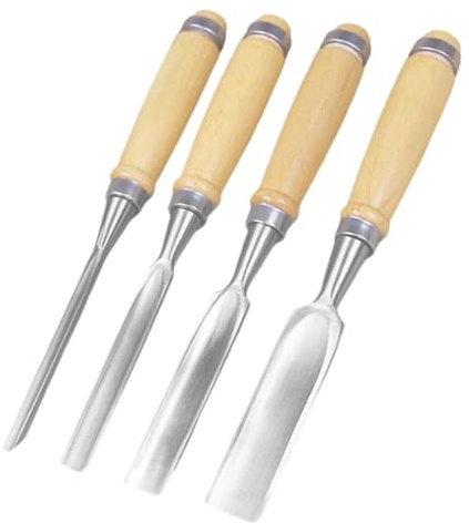 Juego de 4 Gubias para Madera Media Caña, Formón para Tallar Madera 6/12/18/24mm de Acero CR-V Afilado Espejo, Con Mango de Madera y Estuche, Para Tallado, Carpintería y Torno