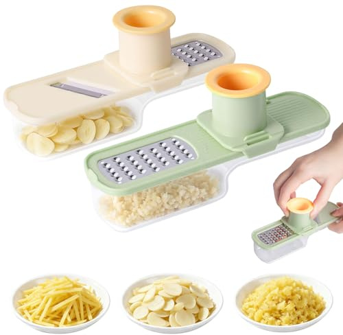 2Pcs Garlic Slicer, 3 in 1 Multifunctional Garlic Grinder with Hand Guard & Container, Mini Garlic Ginger Slicer with Container Vegetable Cutter Tools for Kitchen