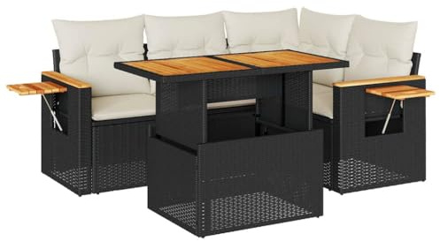 Massbinet Lounge Sofa Gartenmöbel Set Balkonmöbel mit Verstellbare Tischplatte, Stauraum mit Wasserfestem Beutel Poly Rattan Schwarz und Creme