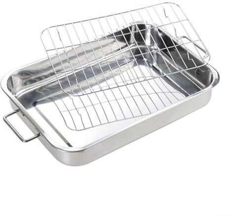 NexRen edelstahl grillschale, Edelstahl-Bräter mit integriertem Rost für den Ofen, Grill, Braten, Backen und Servieren großer Mahlzeiten(33×23×5cm）