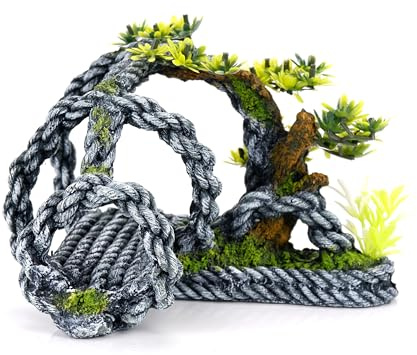 CLASSIC Tangled Rope with Plants Aquarium Ornament – Nautical-Style Fish Tank Decoration with Swim-Throughs – 187x140x137mm