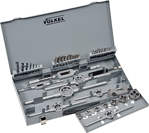 VÖLKEL Gewindeschneider Set Profi | HSS-G Gewindebohrer Set | M3-M12 Handgewindebohrer + Schneideisen 42-tlg. | Satz inkl. Kernlochbohrer | Metrisches ISO-Gewinde DIN 13 | In Metall-Kassette