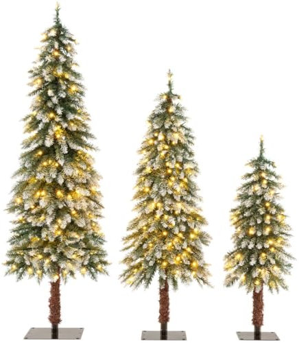 GYMAX Pre-Lit Pencil Christmas Tree Set of 3, Artificial Slim Snowy Xmas Tree with 50/100/150 Warm White LED Lights & 129/231/369 PVC Branch Tips, Holiday Decoration Tree for Home Office Shops