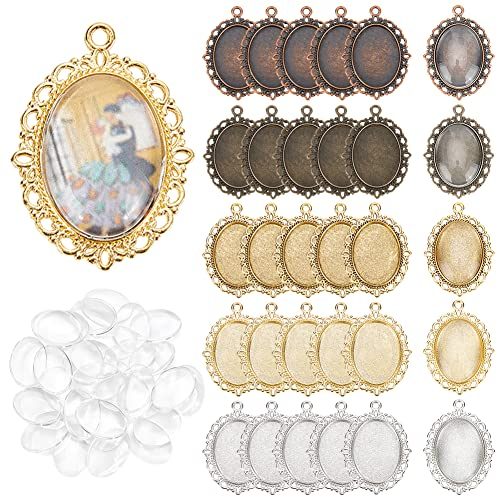 PandaHall Elite Anhänger Tabletts mit Glas-Cabochon Dome Fliesen Transparent Cameo Tray: 25x18mm 7 Color Oval Cabochon Settings Kits