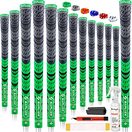 SAPLIZE Golf Grips 13 Piece with Complete Regripping Kit, Standard Size, Cord Rubber, Hybrid Golf Club Grips, Fluorescent Green