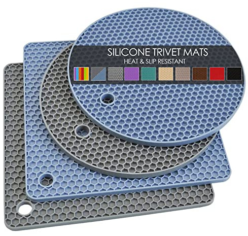 QPIX DIGITAL 4 Pack Silicone Trivets, Heat Resistant Silicone Pot Holders, Non-Slip, Multipurpose, Gray & Blue