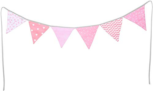 PREMYO Wimpelkette Kinderzimmer Mädchen Stoff - 6 Wimpel Girlande Bunt Beidseitig - Babyzimmer Deko Rosa
