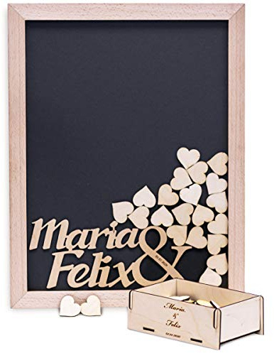 Madyes Gästebuch Rahmen Hochzeit mit Namen & Datum, Herzen 100 Holzherzen Gravur personalisiert 35x45 cm Gravur Holz-Rahmen