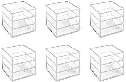 OSCO Clear Acrylic Cube 6 Pack – 3 Drawer Small Item Storage, Stackable Compact Organiser for Lego, Makeup and Jewellery – Not A4 Size – 16.5cm x 16.5cm (6.5 x 6.5 Inch)
