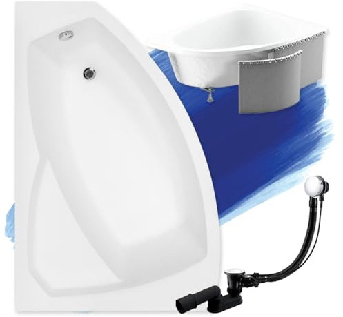BADLAND Badewanne Original Weiß Acryl Wanne Eckbadewanne RIMA 160x100 Links KOMPLETTSET SET mit Premium Styroporverkleidung + Füßen und Exklusive Chrom Automatik Ablaufgarnitur Made in EU 4in1