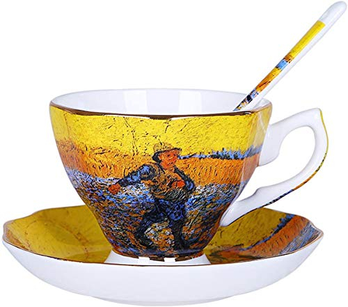 YBK Tech Bone China Cup and Saucer Set, 7oz Teacup - Design Inspired by Van Gogh's Paintings (The Sower)