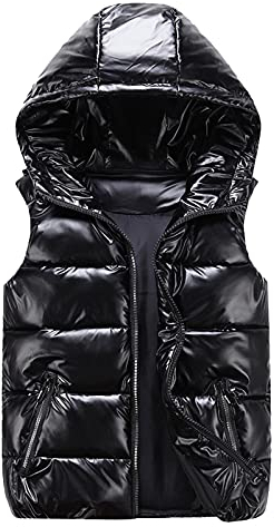 cutecool Steppweste Glänzend Damen - Ärmellose Steppjacke Einfarbige Weste Reißverschlusstasche Casual Kapuzenjacke Unisex Winterjacke Hooded Outdoor-Weste Puffer Jacke Schwarz