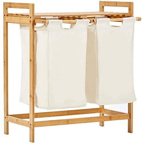 Organize Panier a Linge Sale sur Pied en Bambou - Paniere à 2 Compartiment de 30L en Tissu - Corbeille Salle de Bain - Bac de Rangement Buanderie - 64x33x73cm - Blanc