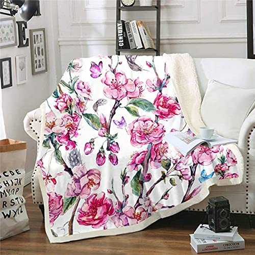 Loussiesd Blumen Fleece Decke Botanische Zweige Kuscheldecke für Frauen Erwachsene 3D Schmetterlinge gedruckt Wohndecke 130x150cm Blätter Blumen Natur Fuzzy Decke für Schlafsofa Couch