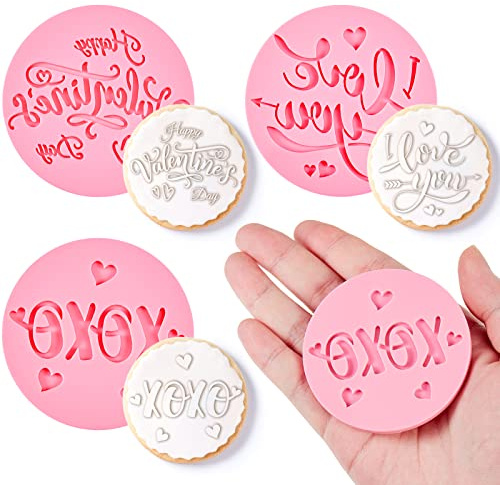 3 Stück Valentinstag Cupcake Stempel Keksstempel Fondant Präger I Love You Fondant Cupcake Plätzchen Kuchen Stempel Dekoration Zubehör 3D Acryl Rosa Herz Präger für Zuckerguss
