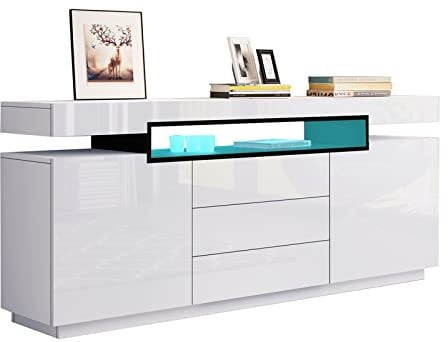 Sideboard Chest of Drawers, LED Lighting, High Gloss Storage Cabinet with 2 Doors, 3 Drawers, Large Open Shelves, for Dining Room, Living Room, Kitchen, Hallway, 160 x 35 x 72 cm, White
