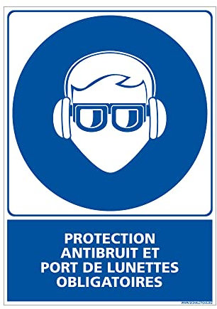 Panneau Protection anti-bruit et port de lunettes obligatoires. Obligation Signalisation EPI. Autocollant, PVC, Alu - 150 x 210 mm - Plastique PVC 1,5 mm - Plastique PVC 1,5 mm -