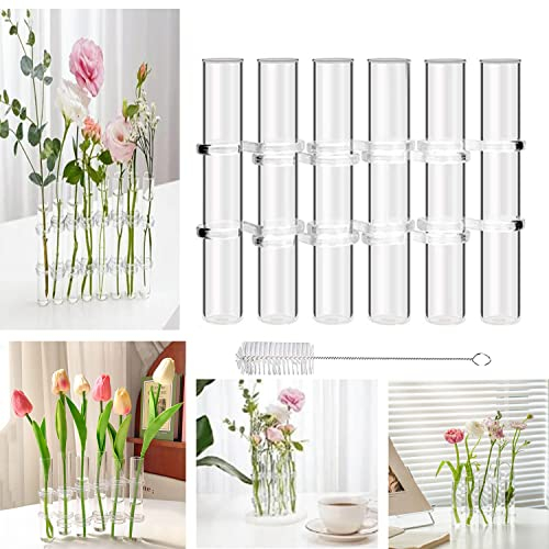 Aufklappbare Blumenvase, Hinged Flower Vase, 6Pcs/8Pcs Test Tube Vase, Blumenvase Mit Reagenzglas, Kreative Reagenzglasvase aus Glas mit Bürste, Hydroponische Pflanzenvase