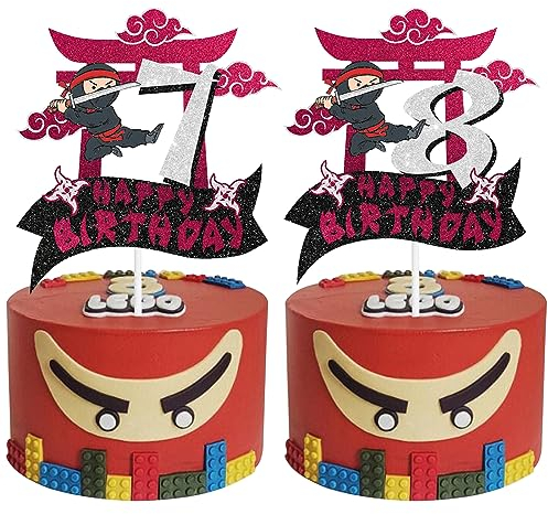 Cartoon Cake Topper - simyron 2Pcs Ninj Happy Birthday Cake Topper Black Glitter Martial Arts Cake Decorations Ninj Theme Kids Birthday Party Cake Decorations Supplies