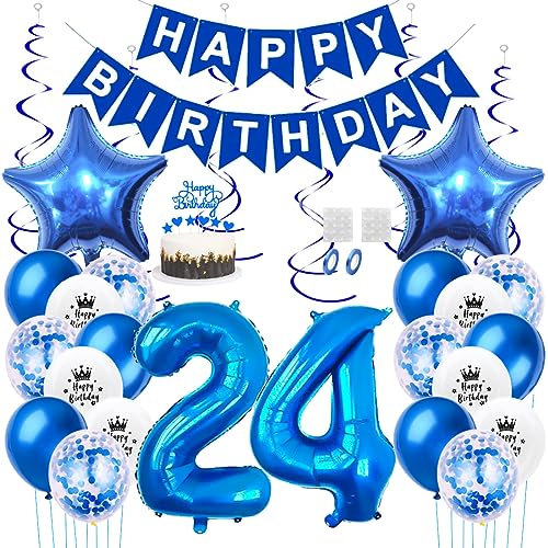 Daimay 24. Geburtstag Dekorationen Blau Geburtstagsdeko Mann Frauen Happy Birthday Banner Konfetti Luftballons Nummer Folienballons Stern Mylar Ballon Tortendeko für 24 Jahre Geburtstagsdeko