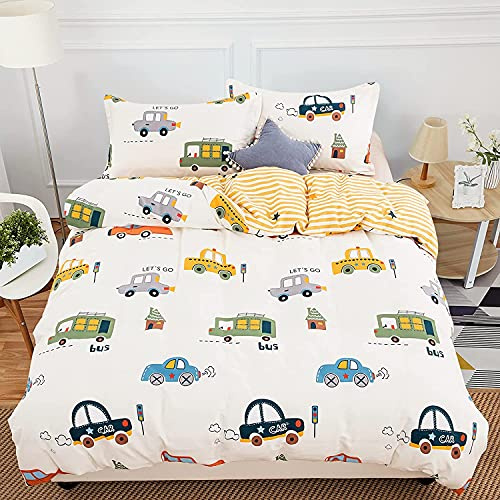 DJY Cars Kinder-Bettwäsche-Set, volle Größe, 3-teilig, 100% Baumwolle, Kinder-Bettwäsche-Set für Jungen und Mädchen, wendbar, gelbe Streifen, Bettdeckenbezug-Set (1 Bettbezug + 2 Kissenbezüge)