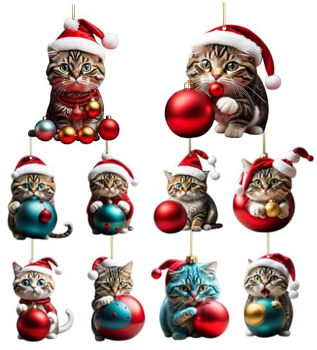 Ornamenti dell'albero di Natale 10 pezzi artigianato di Natale 2d Acrylic Car Specchio Accessori appesi a doppia stampa Ornamenti di gatti di Natale per gli amanti dei gatti Decorazioni natalizie