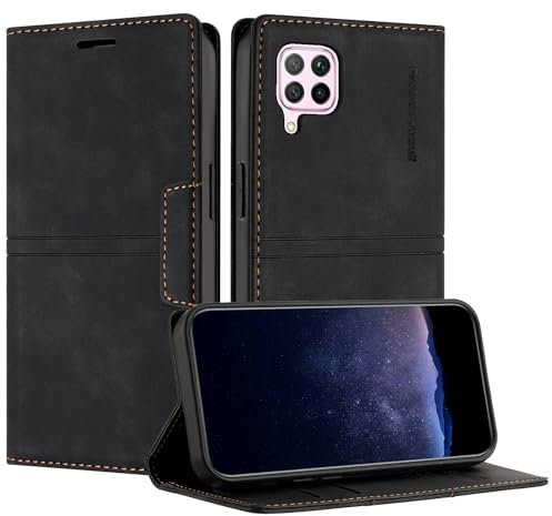 TOUCASA Handyhülle für Huawei P40 Lite, PU Leder Brieftasche Flip Stoßfest Hülle, mit [Kartenfächer] [Magnetverschluss] [Ständer] Kompatibel mit Huawei P40 Lite (Schwarz)
