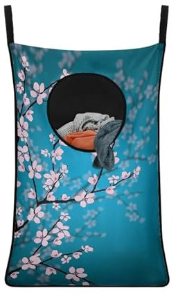 COEQINE Over-the-Door Hanging Laundry Bag with Straps - Blue Pink Floral Waterproof Portable Lightweight Soft Zipper