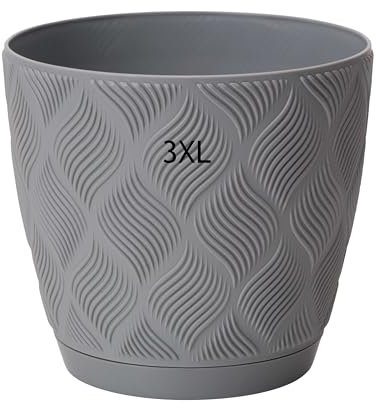 Cache-pot Eco 100 % recyclé avec soucoupe, trous de drainage, motif 3D (gris, 3XL - 27 cm)